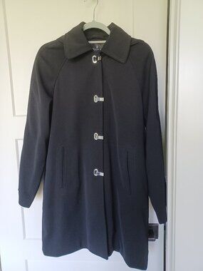 London Fog Hooded Trench Raincoat with Silver Clasp Closures SMALL Black